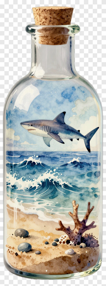 Shark In A Bottle With Ocean Scene PNG