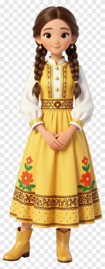 Cartoon Girl In Yellow Dress With Floral Design PNG