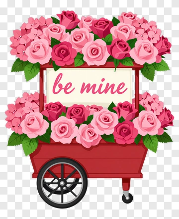 Flower Cart With Roses And Be Mine Sign PNG