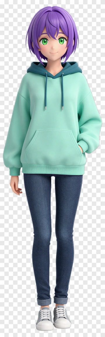 3D Girl In Mint Hoodie And Jeans PNG