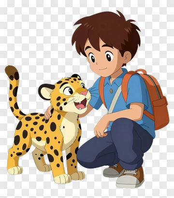 Boy Interacting With A Cartoon Leopard PNG