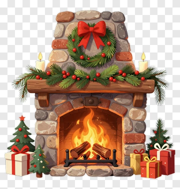 Christmas Fireplace With Presents And Decorations PNG