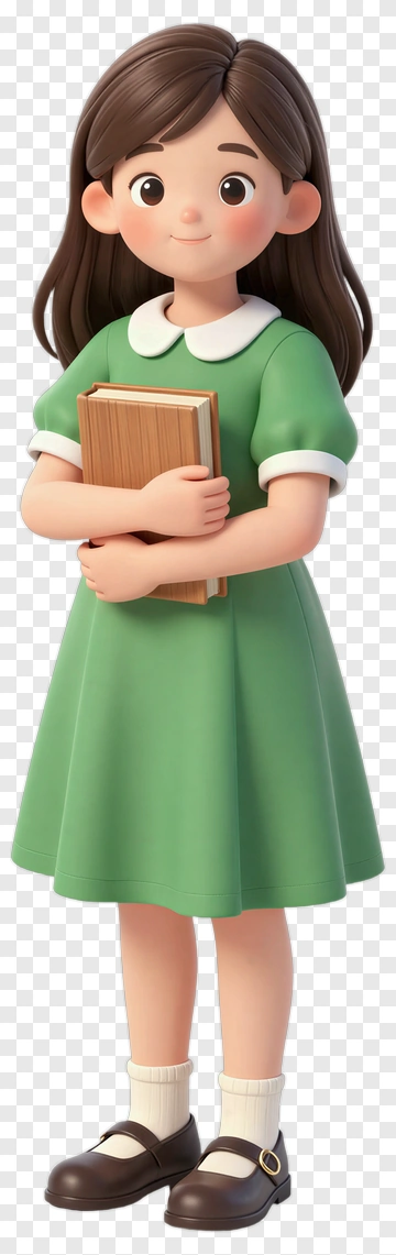 3D Girl Holding A Book In A Green Dress PNG