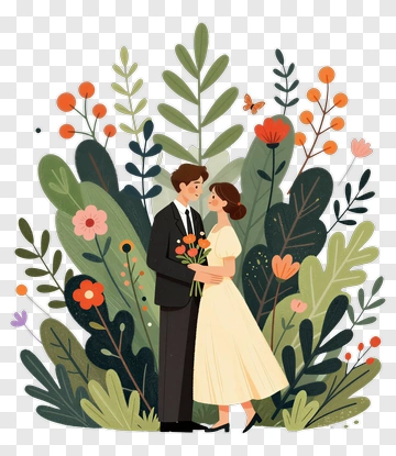 Couple Holding Flowers In A Floral Background PNG