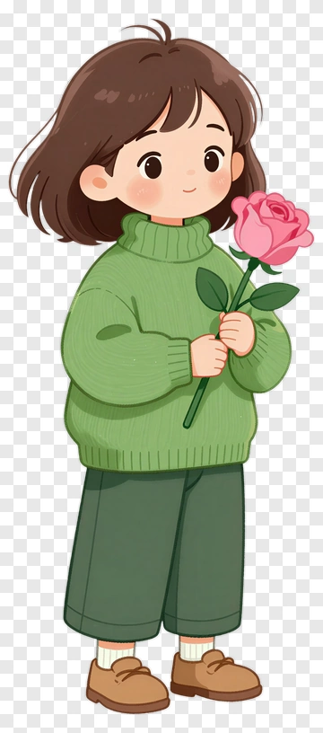 Cartoon Girl Holding A Pink Rose PNG