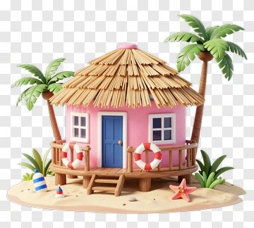 Colorful Beach Hut Surrounded By Palm Trees PNG