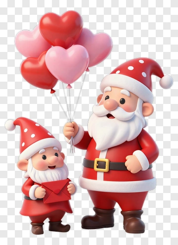 Cartoon Santa Claus Holding Heart Balloons With Elf PNG