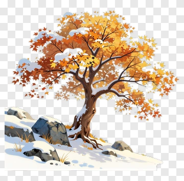 Colorful Autumn Tree With Snowy Rocks PNG