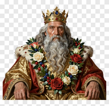 Regal King Wearing A Crown And Floral Garlands PNG