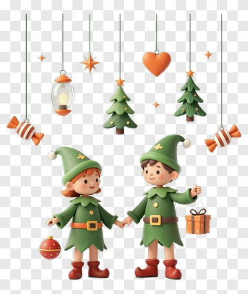 Cartoon Christmas Elves Holding Hands PNG