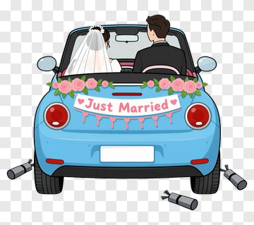 Cartoon Wedding Couple In A Just Married Car PNG