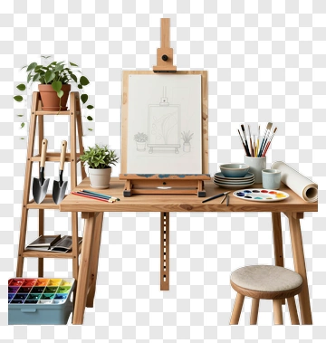 Art Studio Table With Easel And Supplies PNG
