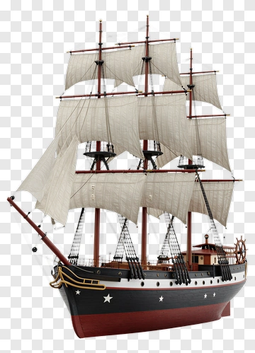 3D Sailing Ship With White Sails PNG