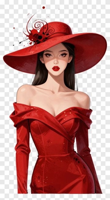 Elegant Woman In A Red Dress And Hat PNG
