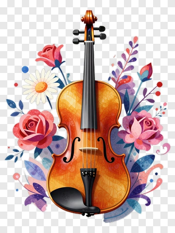 Violin Surrounded By Colorful Flowers PNG