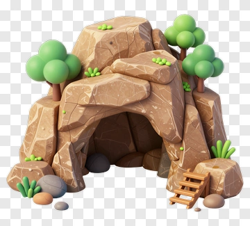 3D Cave Entrance With Trees And Rocks PNG