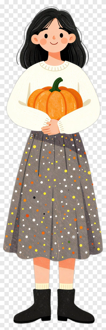 Girl Holding A Pumpkin In A Colorful Skirt PNG