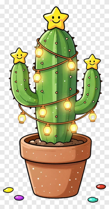 Cartoon Cactus With Star Decorations And Lights PNG
