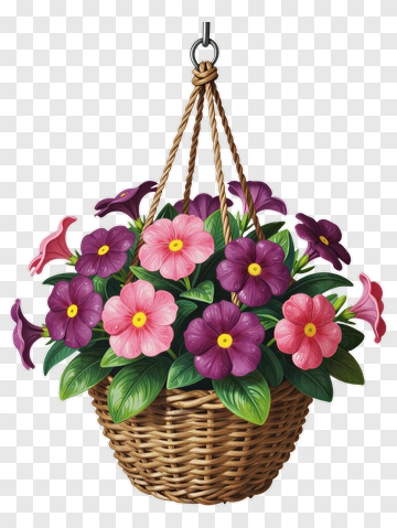 Flower Basket With Pink And Purple Blooms PNG