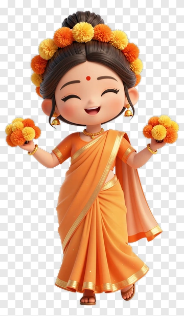 Happy Cartoon Girl In Orange Saree Holding Flowers PNG