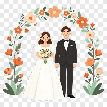 Wedding Couple Standing Under Floral Arch PNG