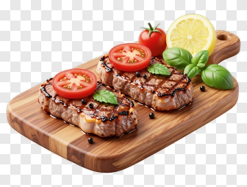 Grilled Steak With Tomatoes And Lemon On A Wooden Cutting Board PNG