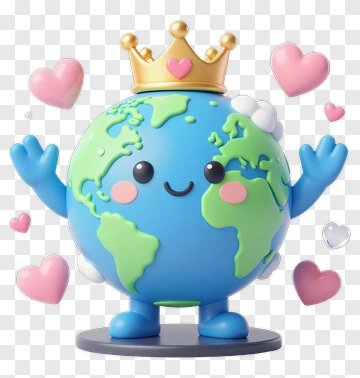 Cartoon Earth Character With Crown And Hearts PNG