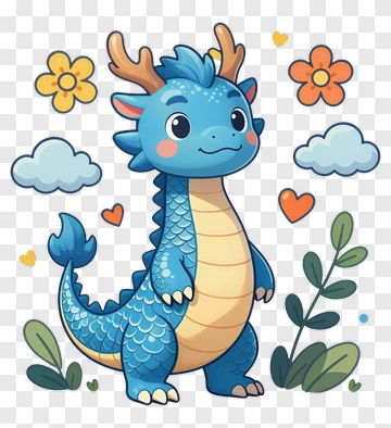 Cartoon Dragon Character With Flowers And Clouds PNG