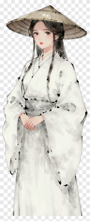 Woman In Traditional Japanese Kimono With A Straw Hat PNG