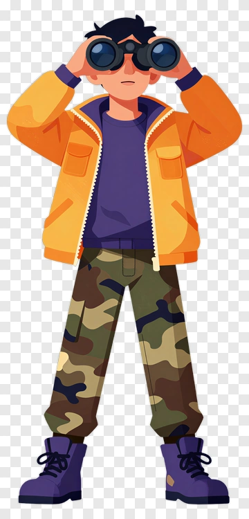 Boy With Binoculars In Camouflage Pants PNG