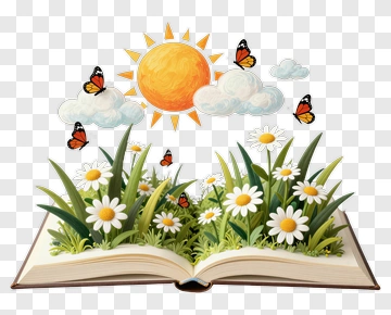 Open Book With Flowers And Butterflies Under The Sun PNG