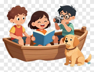 Cartoon Children In A Boat With A Dog PNG