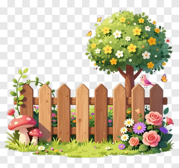 Colorful Garden Scene With Tree And Flowers PNG