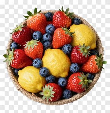 Basket Of Fresh Strawberries, Lemons, And Blueberries PNG