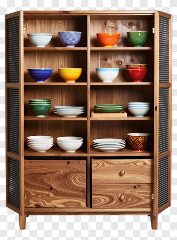 Wooden Cabinet With Colorful Bowls And Plates PNG
