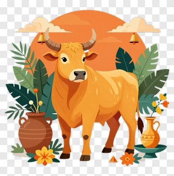 Cartoon Yellow Bull With Tropical Plants PNG