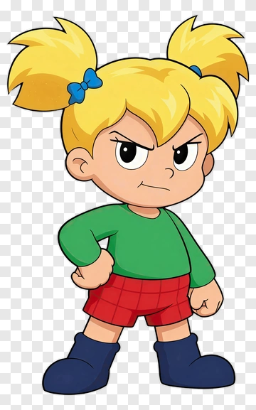 Cartoon Girl With Pigtails In Green Shirt And Red Shorts PNG