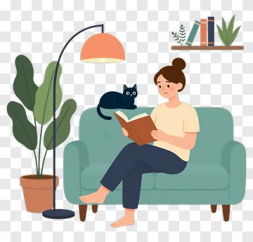 Woman Reading A Book On A Couch With A Cat PNG