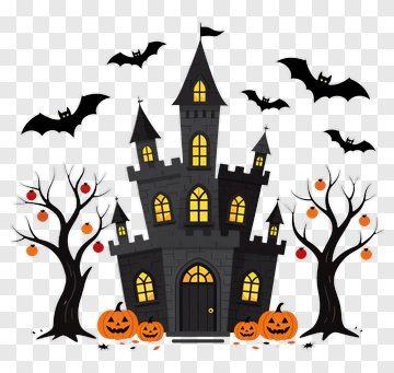 Halloween Castle With Pumpkins And Bats PNG