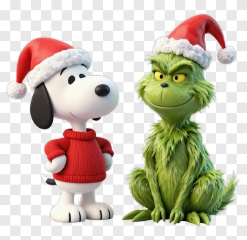 Cartoon Dog And Grinch In Christmas Hats PNG