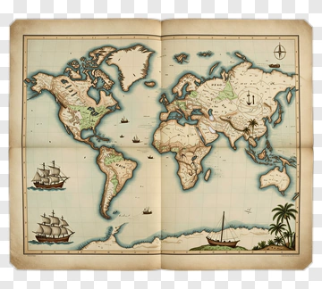 Vintage World Map With Sailing Ships PNG