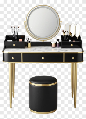 Elegant Makeup Vanity With Round Mirror And Storage PNG