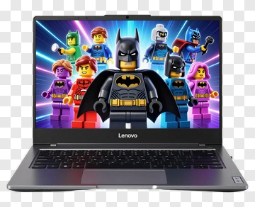 Lego Batman With Superhero Characters On Laptop Screen PNG