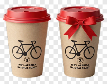 Coffee Cup With Bicycle Design And Red Lid PNG