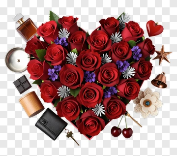Heart-Shaped Arrangement Of Red Roses And Gifts PNG