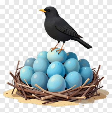 Black Bird Standing On A Nest Of Blue Eggs PNG