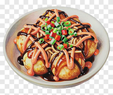 Plate Of Takoyaki With Sauce And Green Onions PNG