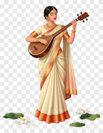 Woman Playing A Traditional Instrument In A Saree PNG