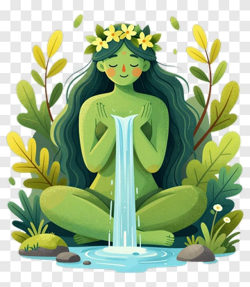 Nature Goddess Sitting By A Waterfall PNG