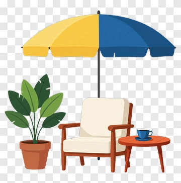 Outdoor Relaxation Area With Umbrella And Chair PNG